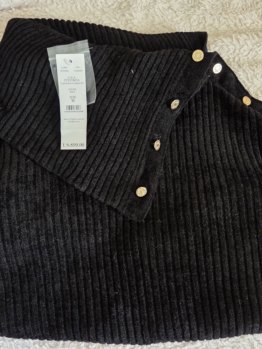 WHBM Black Ribbed Chenille Turtleneck Sweater Gold Button Detail - NWT- MEDIUM - Picture 7 of 7